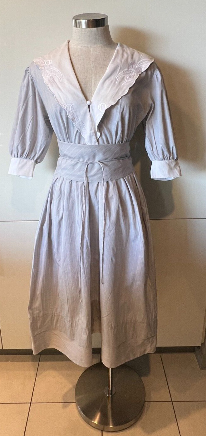 PRUE ACTON Vintage 70s Grey/White Stripe Collared, Cotton Dress 8-10AUS/4-6US