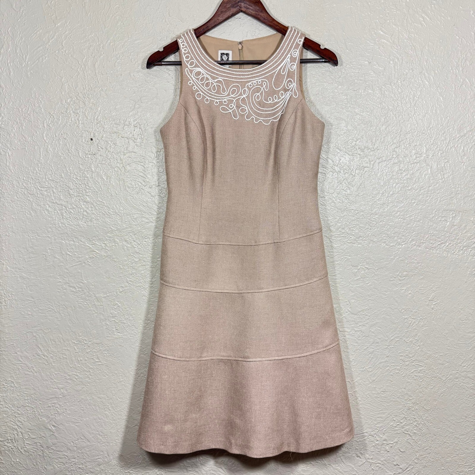 Anne Klein A-Line Sheath Dress 4 Tiered Rope Piping Woven Tailored Tan Old Money