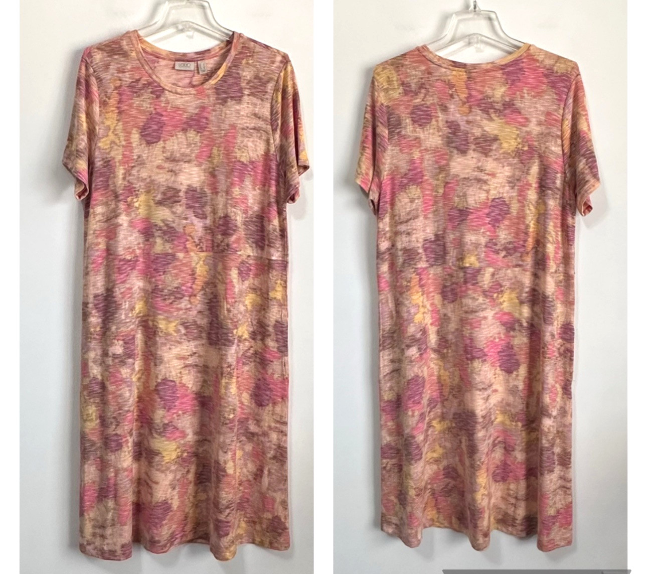 LOGO Lori Goldstein Stretch Knit Dress L Pockets Short Sleeve Berry Casual