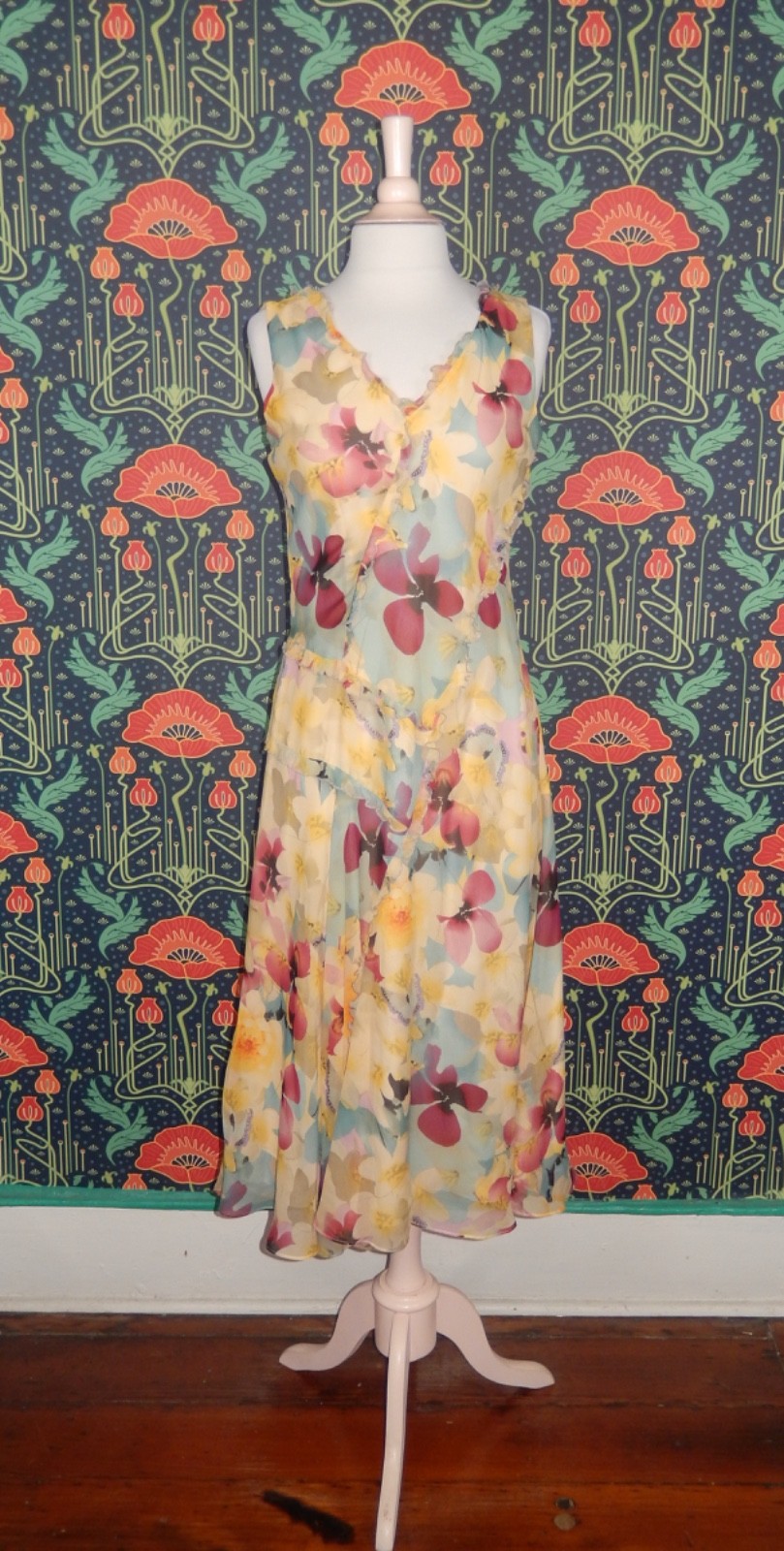 Sundance Midi Sun Dress Floral Butterfly Silk Chiffon Ruffle Sleeveless Y2k 4