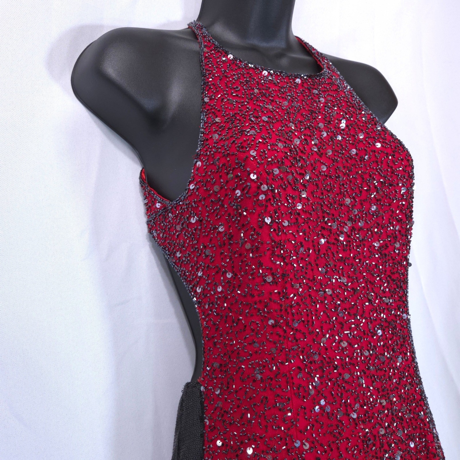 Vtg Scala Beaded Silk Halter Open Back Evening Gown Dress S Red Cocktail Y2K