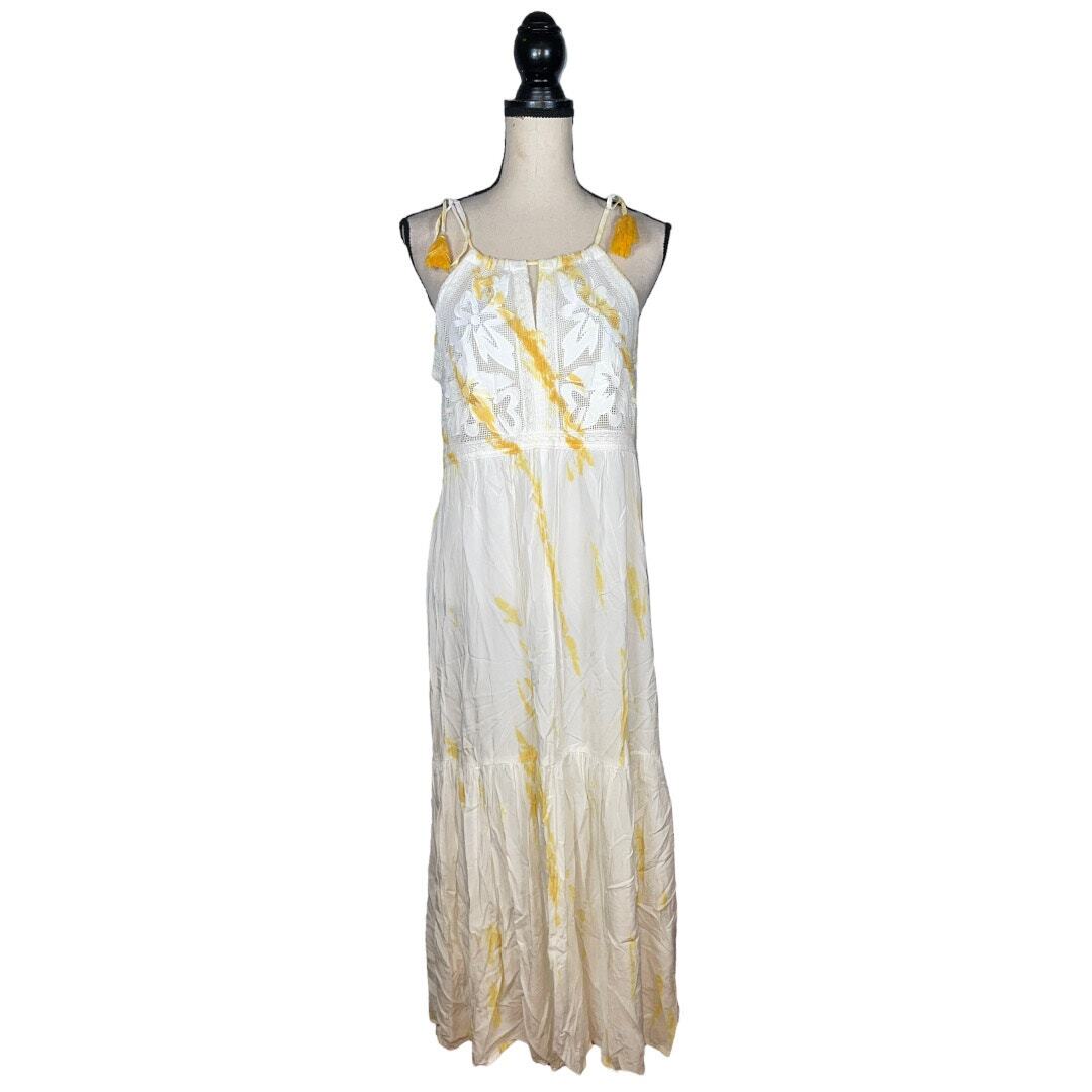 Blue Island Yellow White Tie Dye Floral Mesh Midi Dress Size: XS