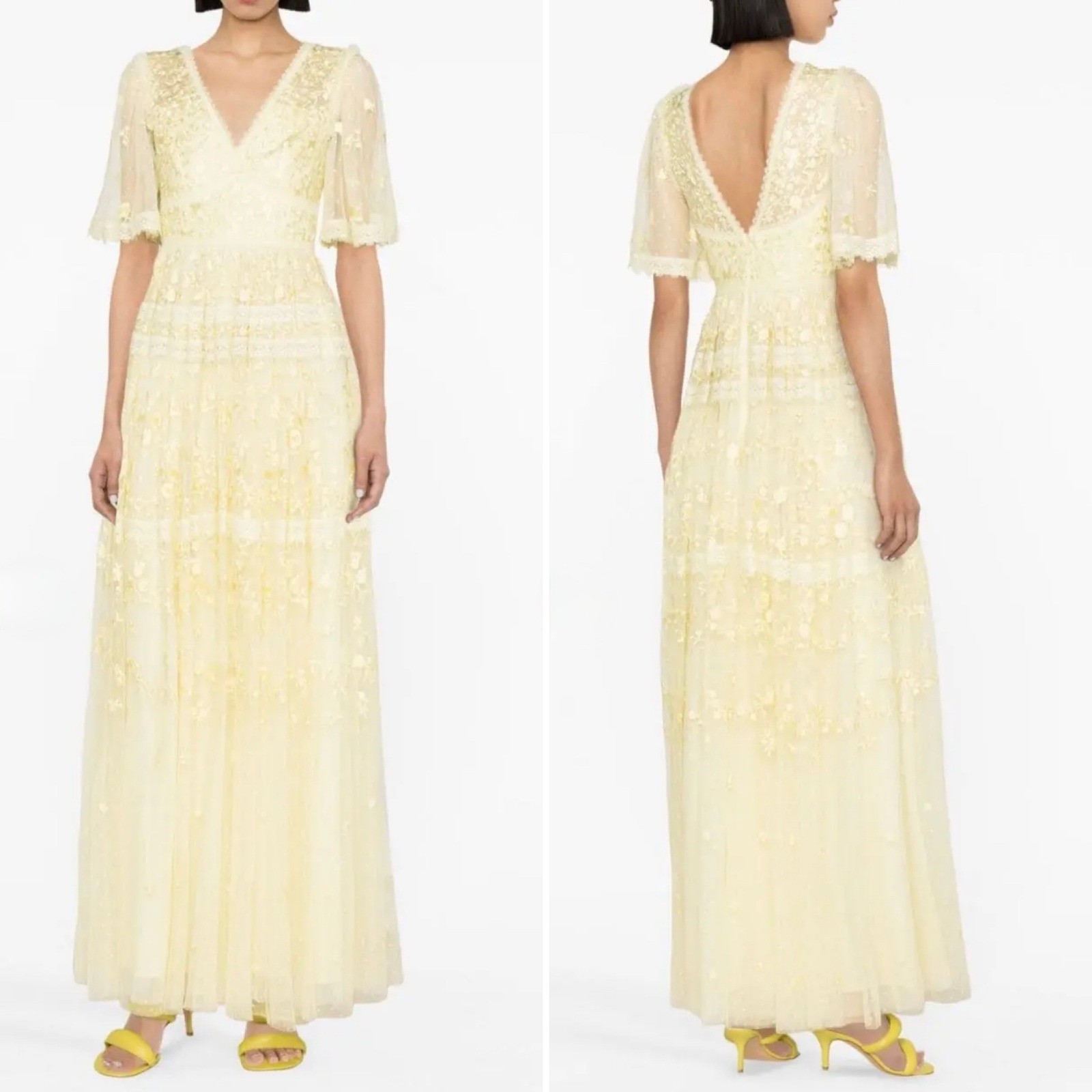Needle & Thread Sweetheart Lace Embroidered Gown Flounce Sleeve Size 14 Yellow