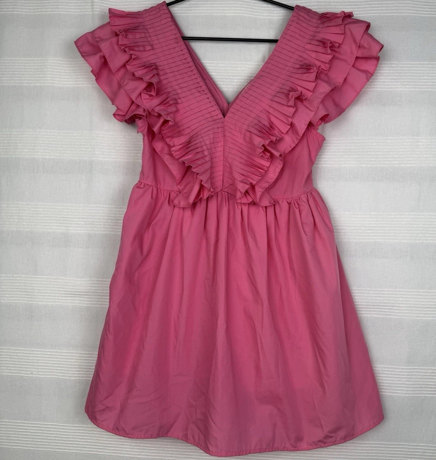 Pink Ruffle Flutter Pleated VNeck Mini Lined Dress Sleeveless Cotton Medium