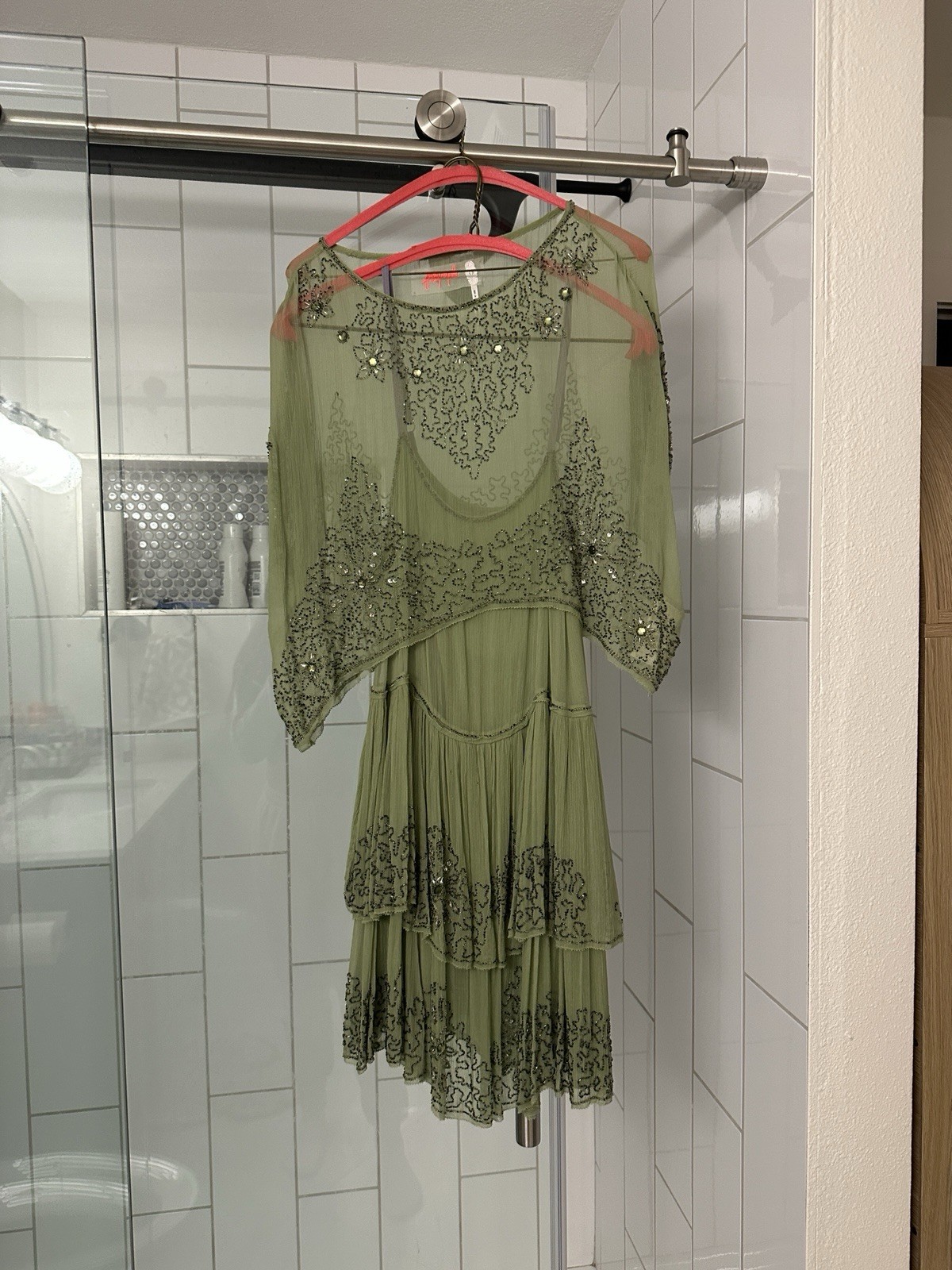 Free People Green Beaded Layered Sequin Chiffon Mini Dress XS Sleeveless