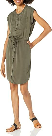 Daily Ritual Women’s Tencel Short-Sleeve Utility Dress, Dark Olive, 4