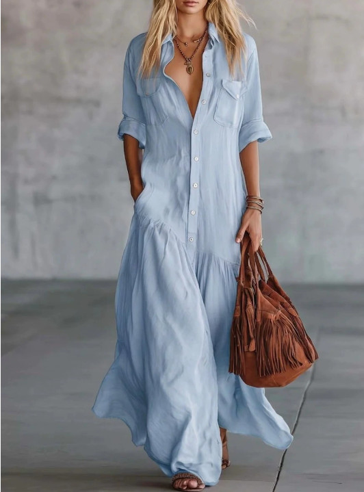 Women Boho Button Down Maxi Dress Loose Flowy Long Shirt Dress Pockets Tunic