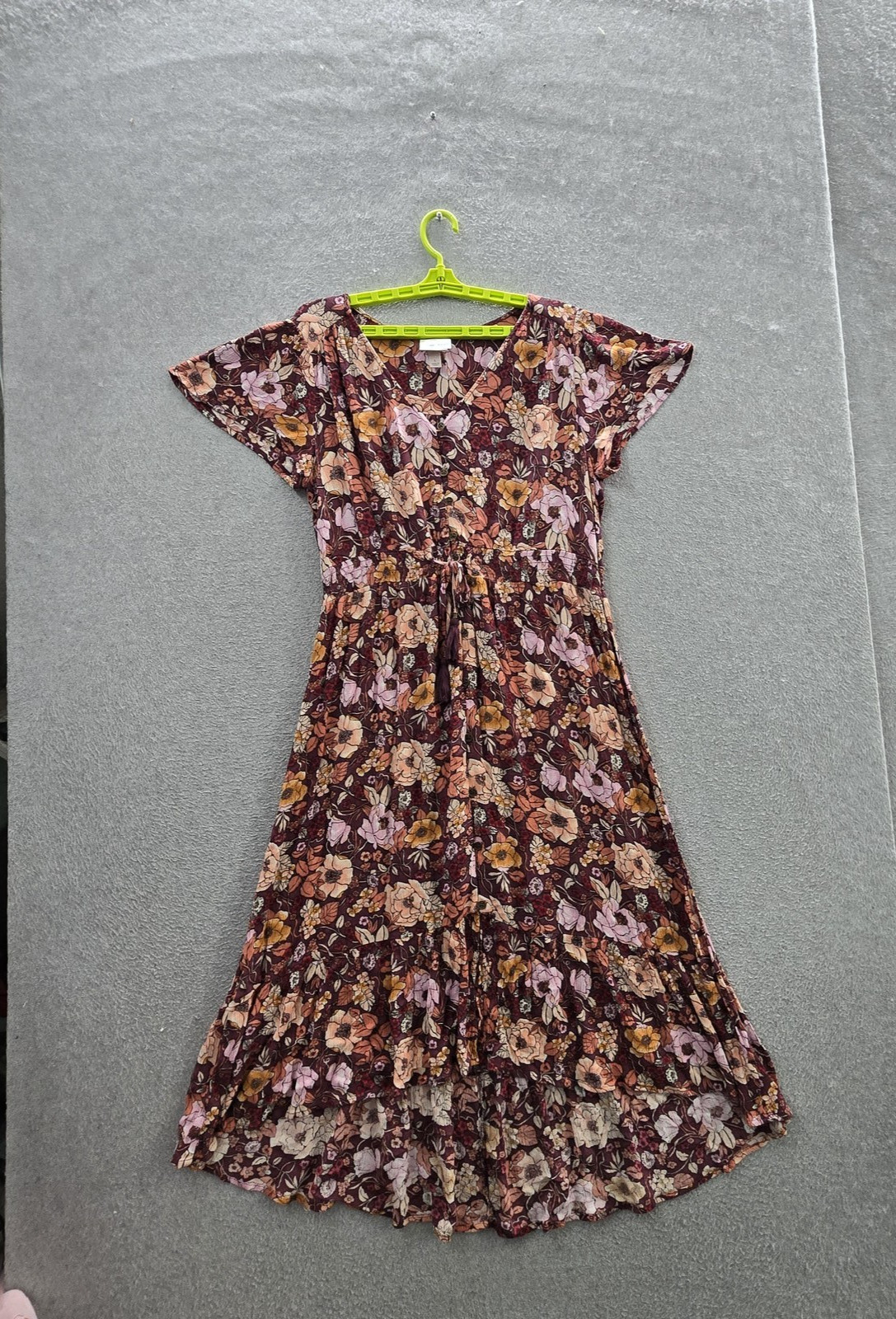 Knox Rose Women Dress L Burgundy Floral Fit & Flare Cottagecore Short Sleeve