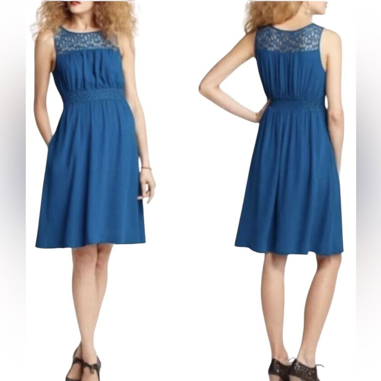ANTHRO HD PARIS SLEEVELESS LACE TOP WAIST ELASTIC BACK ROUND NECK TEAL DRESS 4