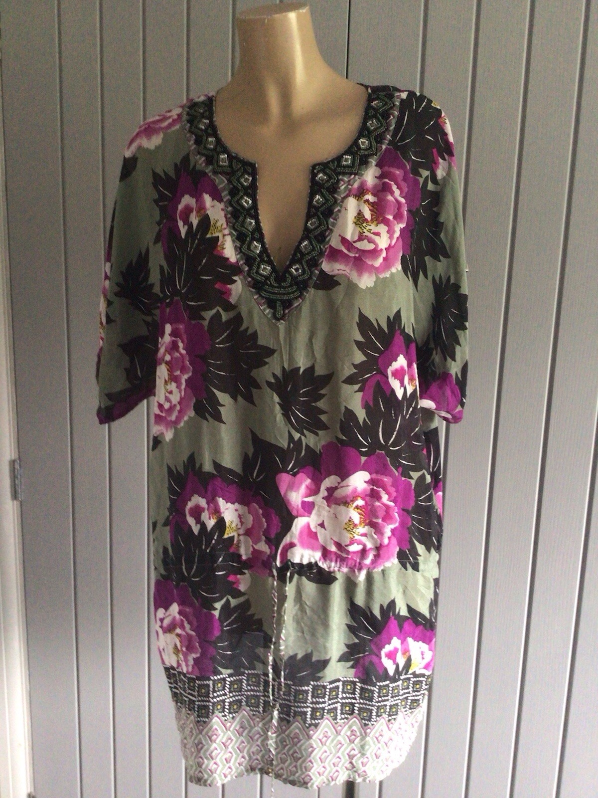 Monsoon Ladies silk tunic dress top Sz UK 14 Scoop Neck Drop Shoulder Sleeves