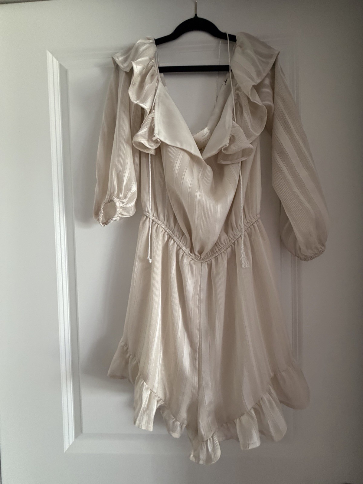 JOA Ivory Striped Ruffle Drawstring A-Line Dress Puff 3/4 Sleeve Short S