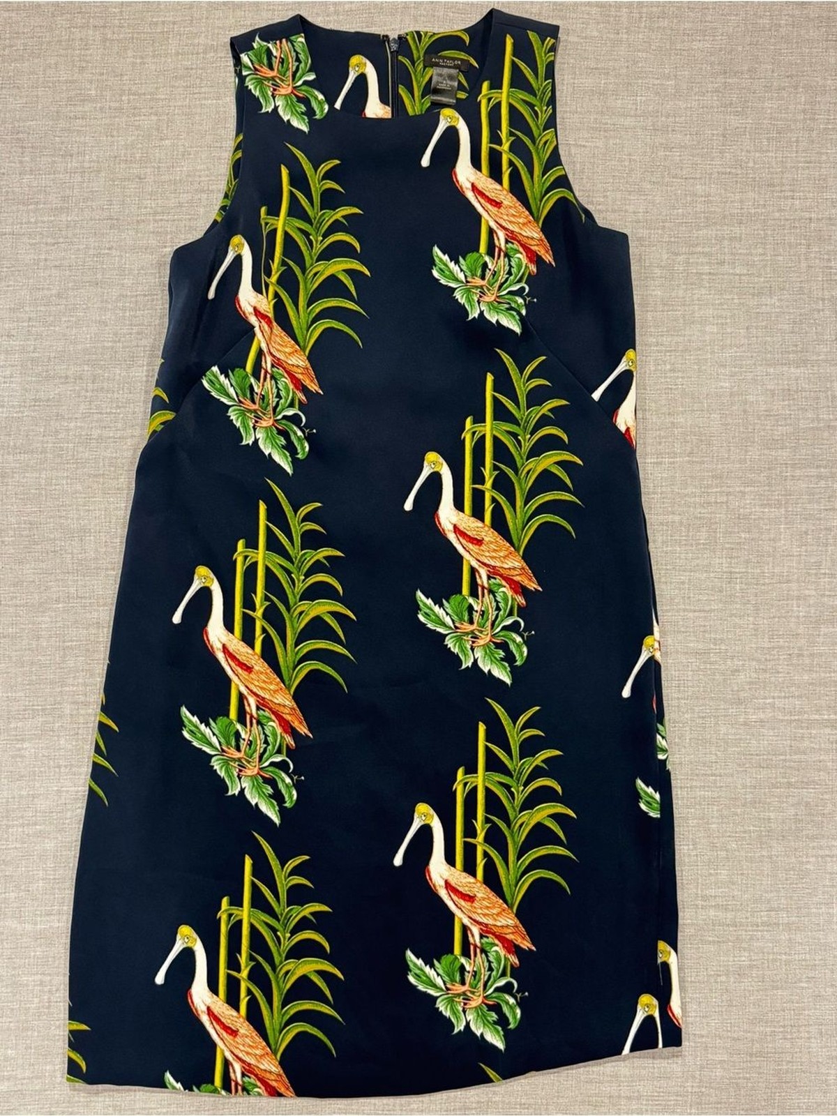 Ann Taylor Factory Navy Shift Dress with Green & Yellow Leaf Print
