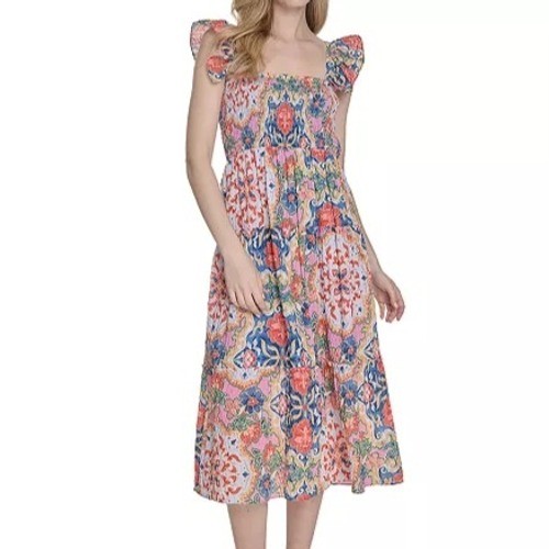 Vince Camuto Printed Square Neck Ruffle Strap Sleeveless Dress Womens Size M NWT