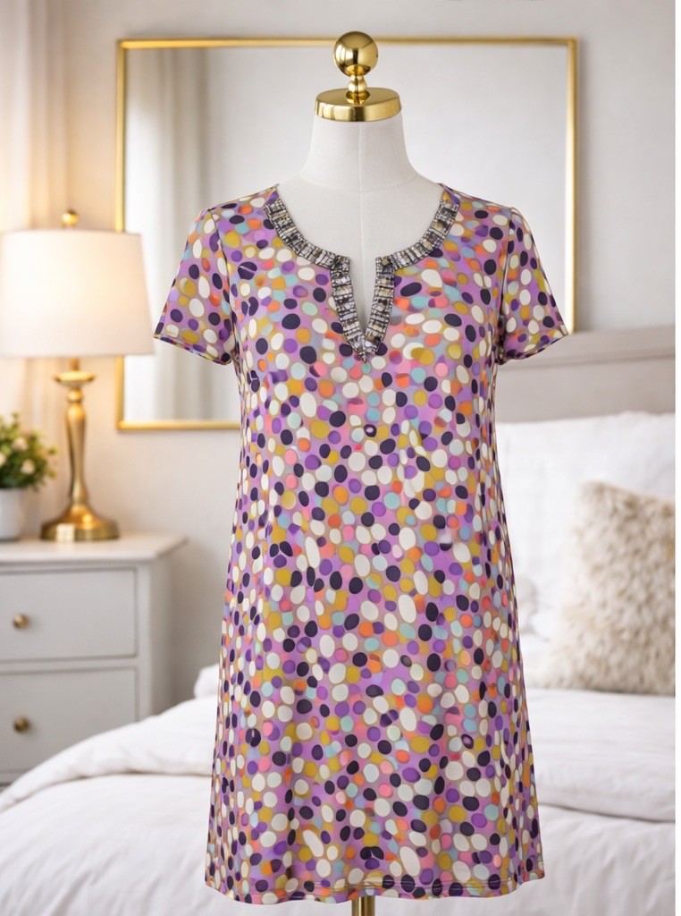 Boden Silk Blend Dress Split Neck Modern Colorful Size 6 Beaded Neckline