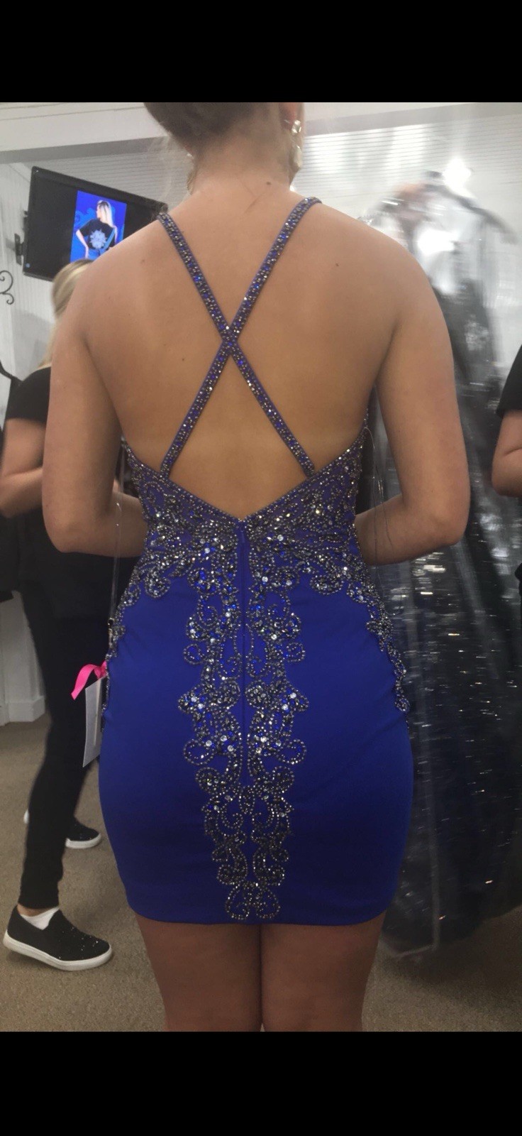 Blue Beaded Rhinestone Halter Mini A-Line Backless Party Dress