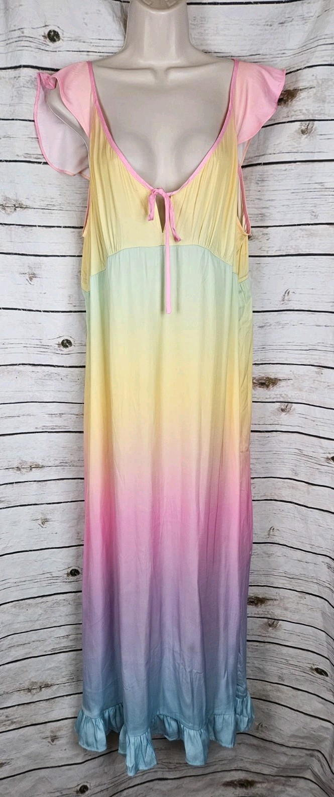 Vtg Betsey Johnson Rainbow Ombre Slip Dress XL Flutter Sleeve Ruffle Maxi
