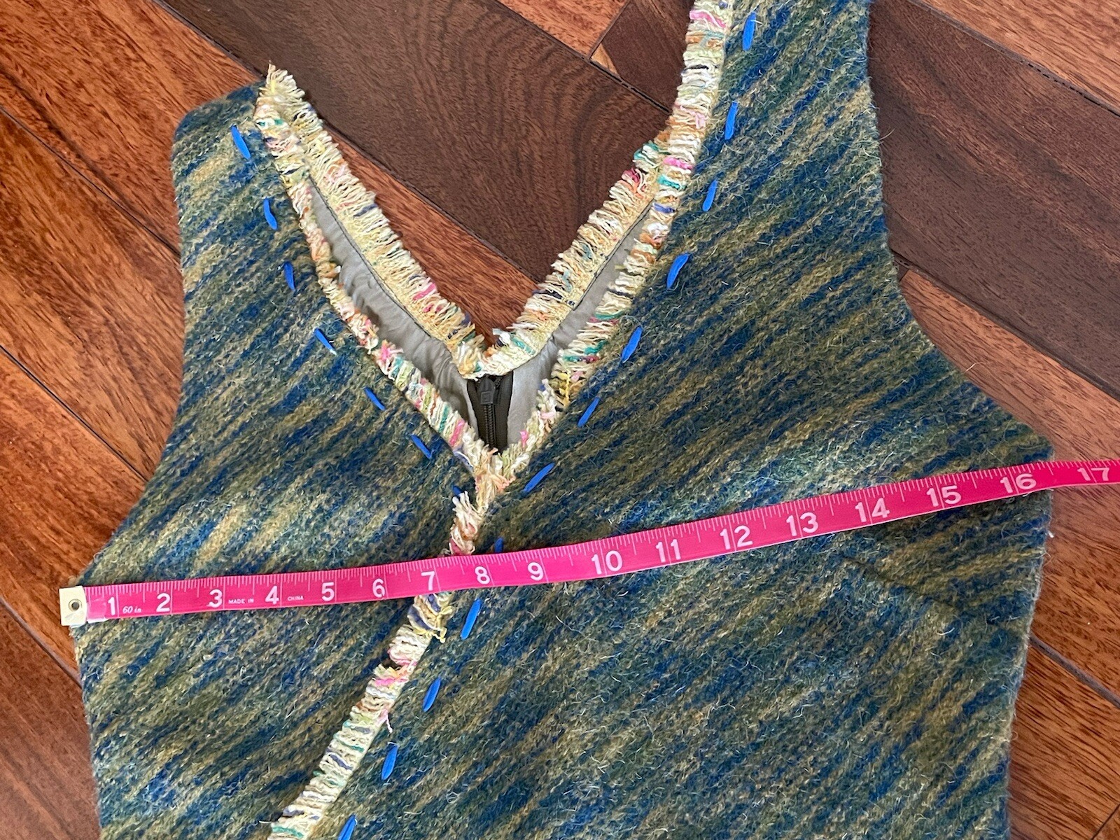 CACHAREL Unbalanced Wool Tweed Dress with Frayed Trim, Green-Blue, Size 40/Small