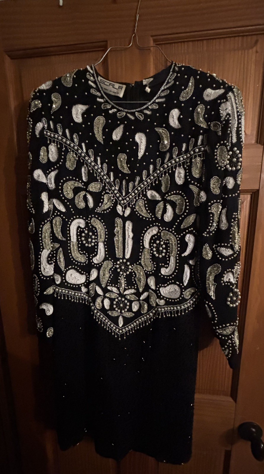 Vintage Scala 100% Silk Cocktail Dress Black & White Sequins & Pearls Art Deco L