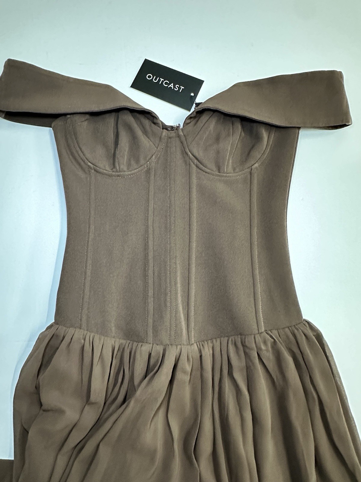 Outcast Chocolate Brown Off-Shoulder Corset Maxi Dress, Chiffon, M