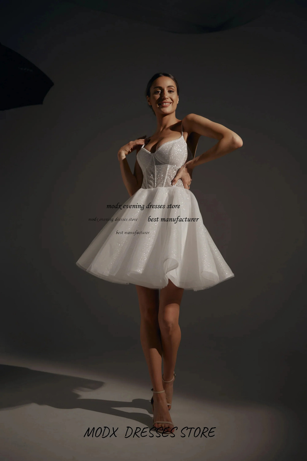 Custom Sparkly Corset Mini Dress Women White Glitter Tulle Spaghetti Strap a Lin