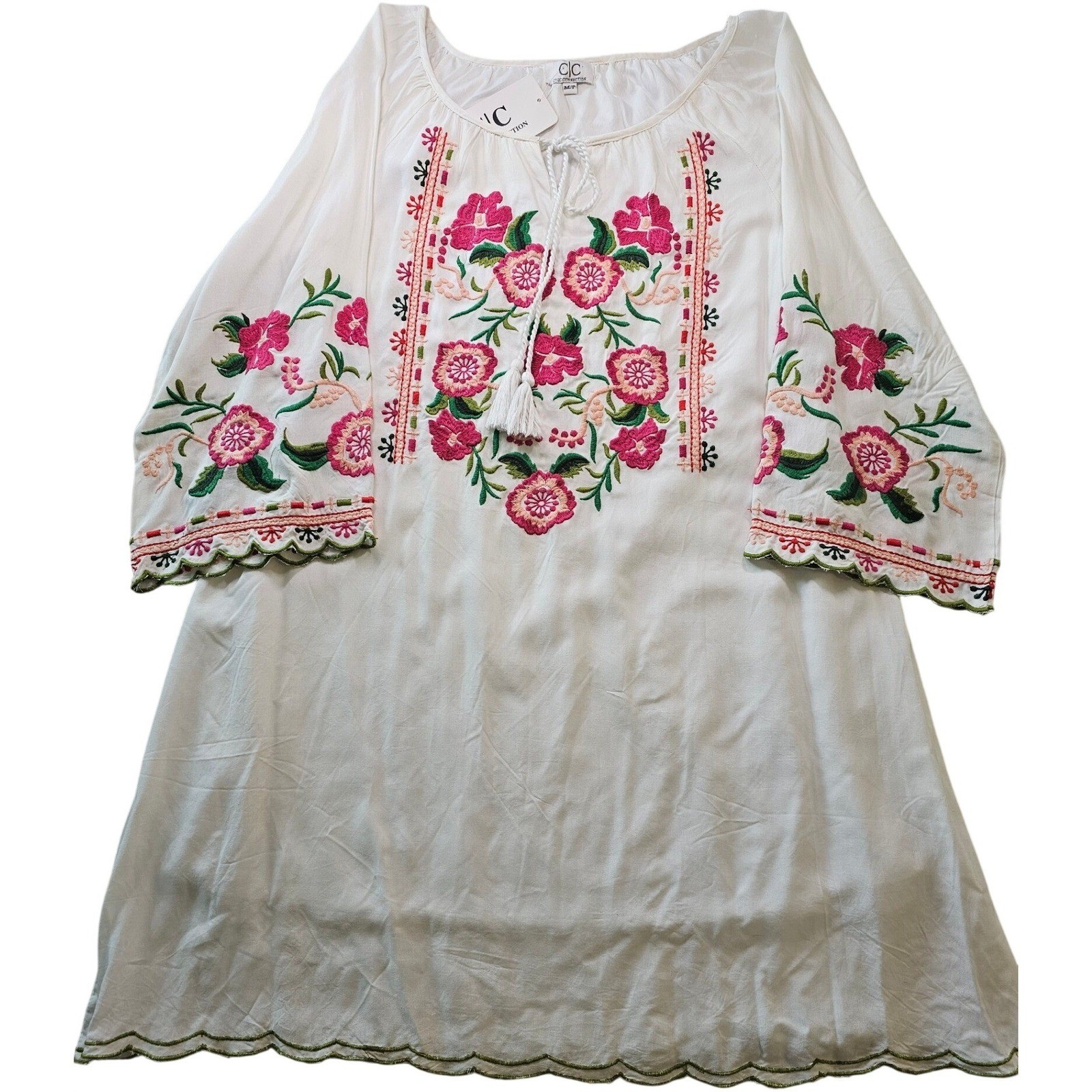 Chic Connection White Floral Embroidered Peasant Dress Tassel Tie Summer Small