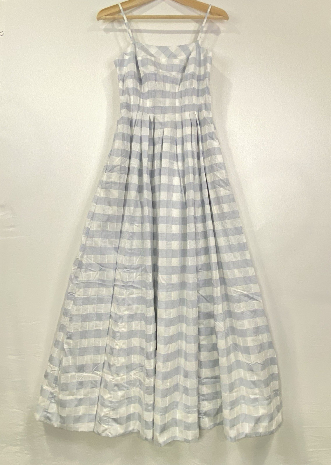 Caroline Constas Dress Maxi Blue/White Shadow Check Pleated Cotton Size XS NWT