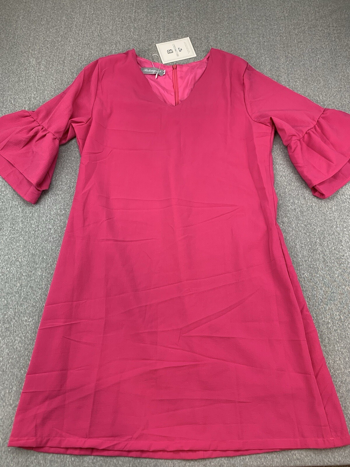 BELONGSCI Summer Dress Sweet & Cute V-Neck Bell Sleeve Shift Dress Womens M Pink