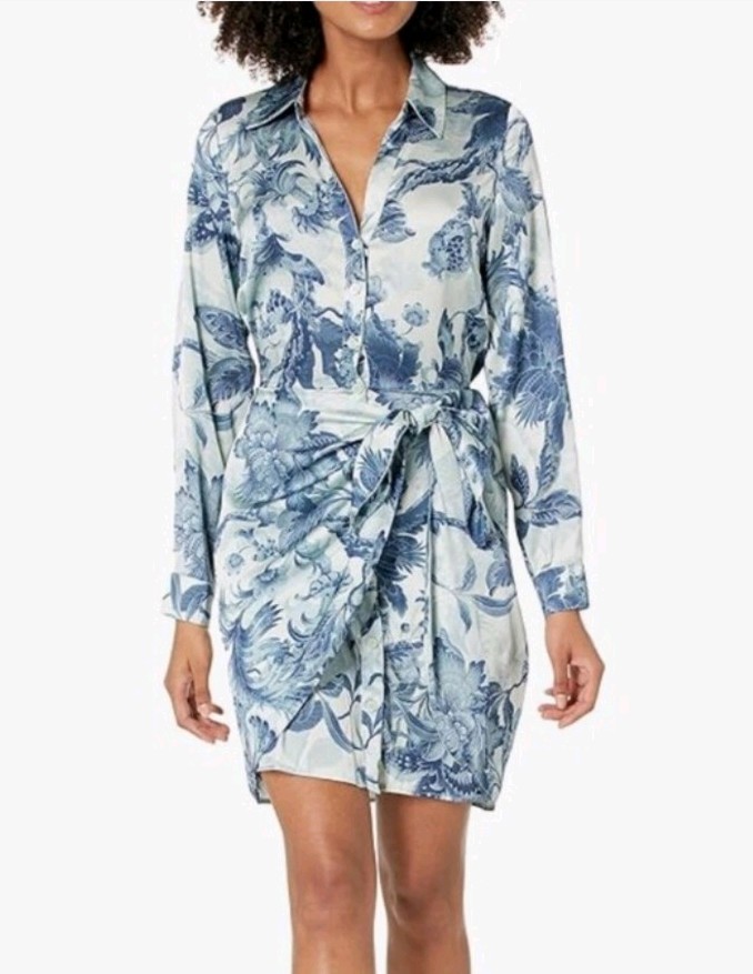 NWT GUESS Alya Printed Long Sleeve Shirt Dress – Blue Floral XL Women’s NEW