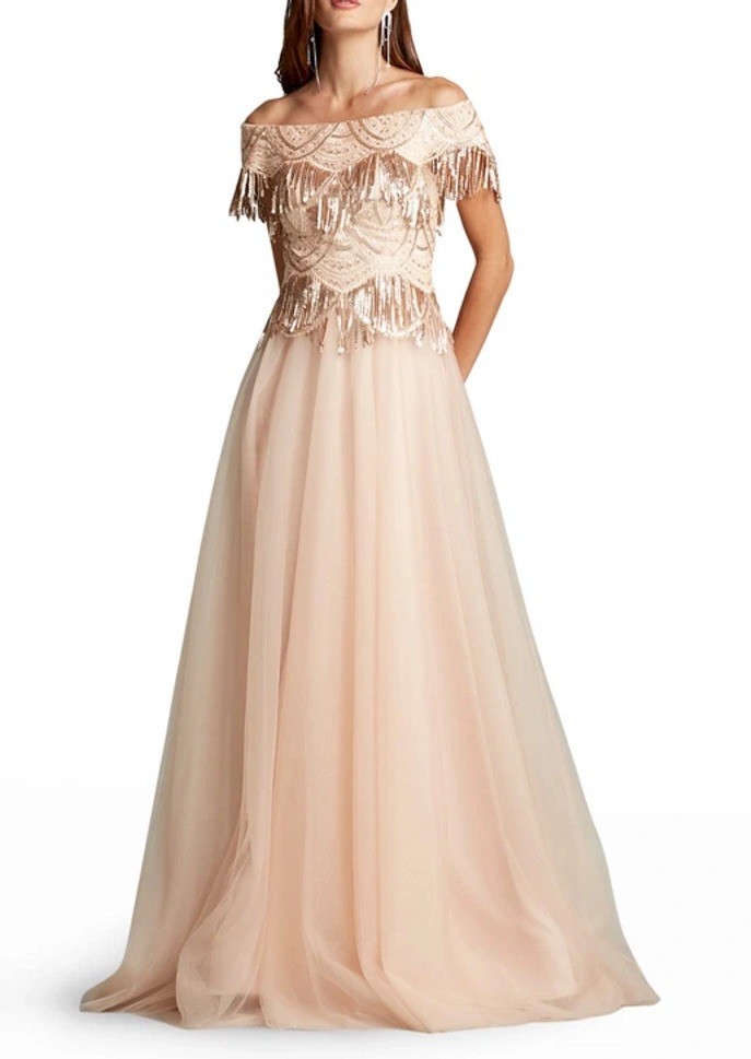 $608 Tadashi Shoji Size 4 Womens Gown Peach Blossom Sequin Tulle Long Maxi Dress