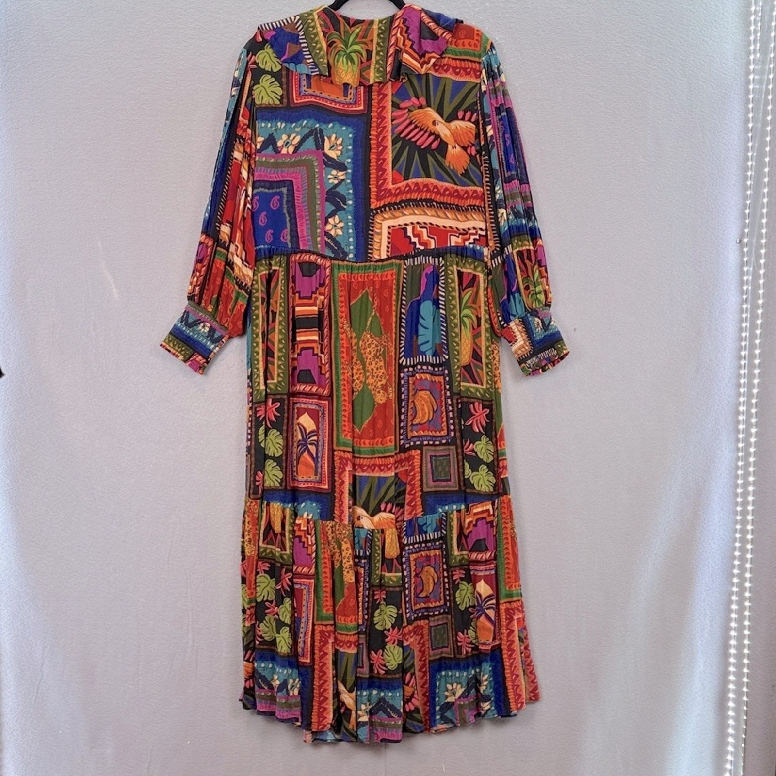 Farm Rio women’s Patchwork Tapestry ankle maxi Dress ruffle V-neck tiered red M
