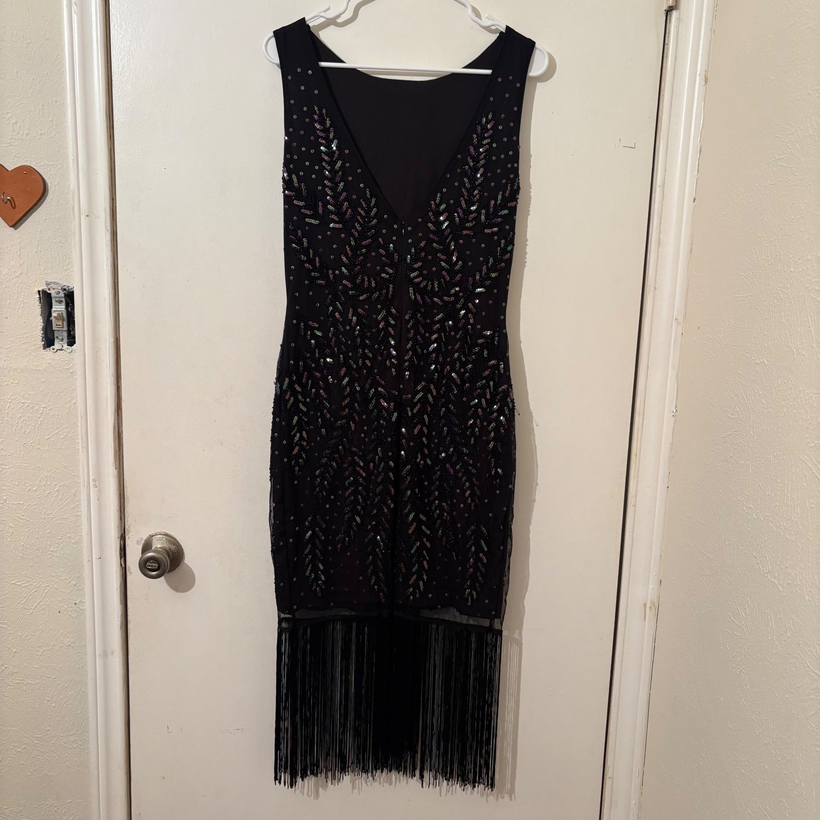 Babeyond Black Iridescent Sequin Beaded Fringe Dress Deep V Back Fairy Goth M