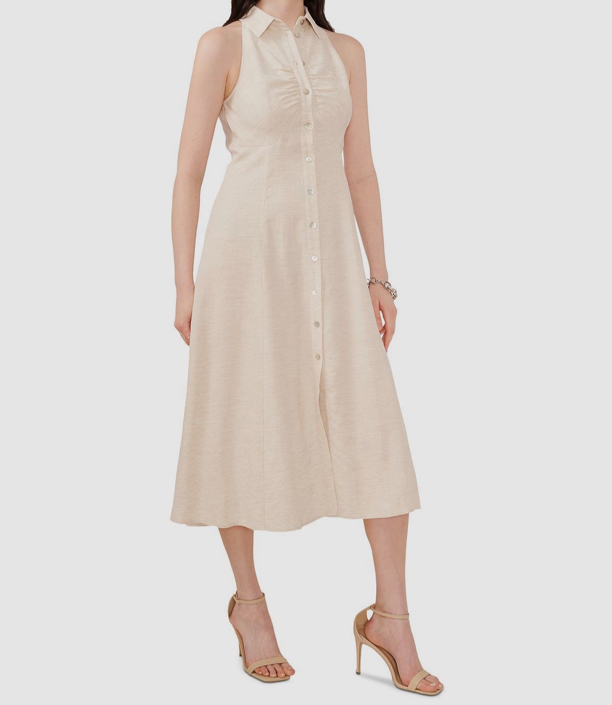 1.STATE Women’s Beige Ruched Button-Front Sleeveless Shirtdress Size S