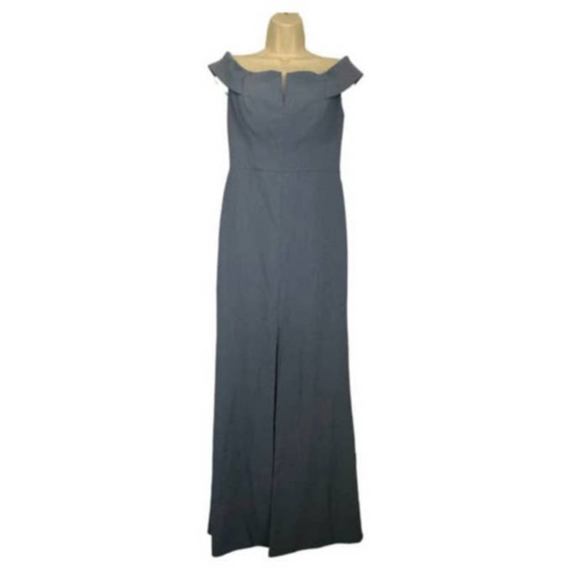 NWT Dessy Collection Off The Shoulder Notch Trumpet Gown Larkspur Blue Sz 8