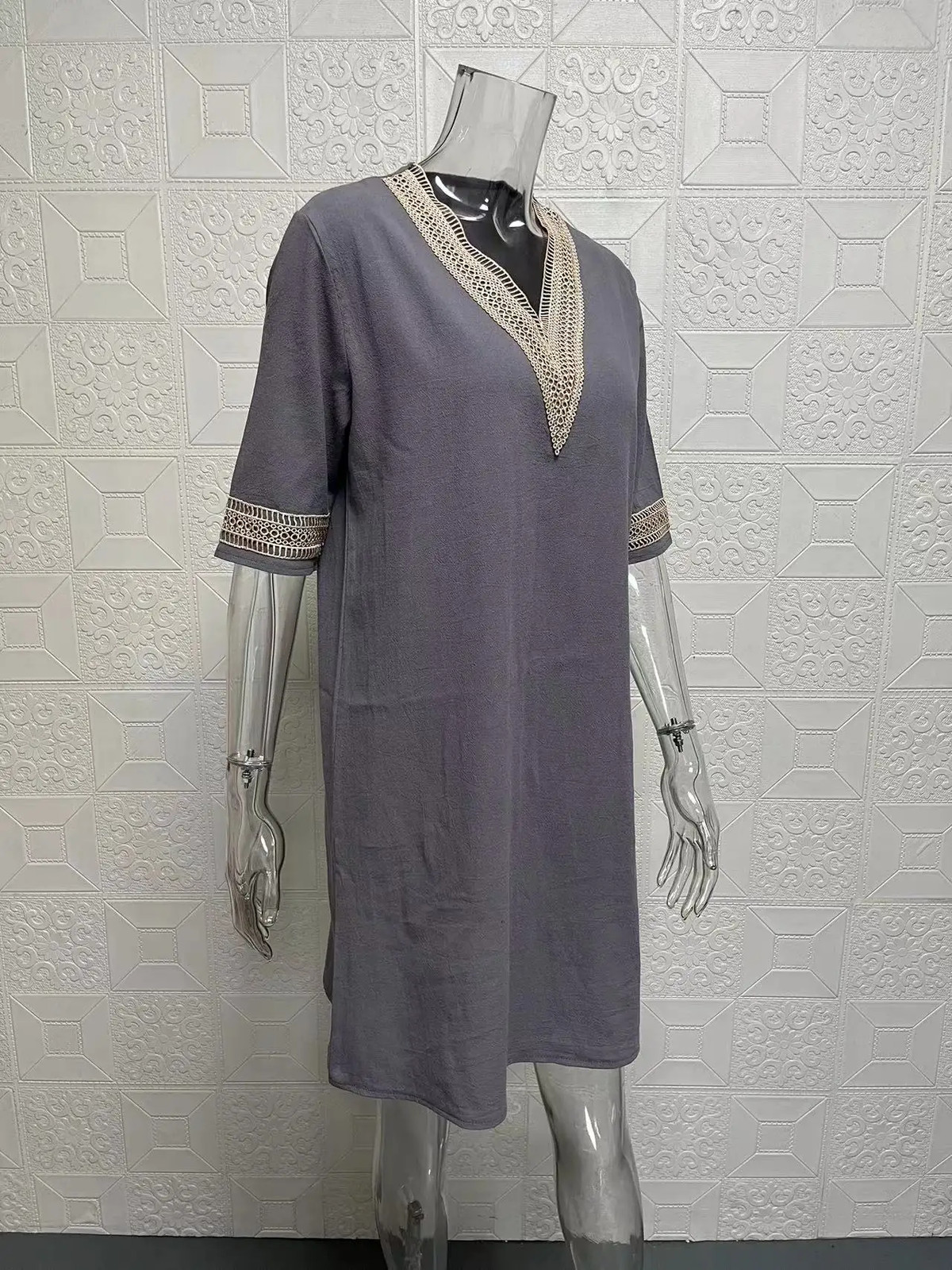 New Solid Color V-Neck Mid-Sleeved Elegant Dress