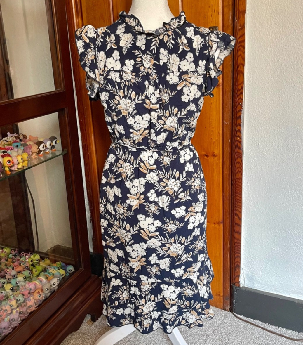 Papillon Navy Blue White Beige Floral Stretchy Women’s Dress Size S-M