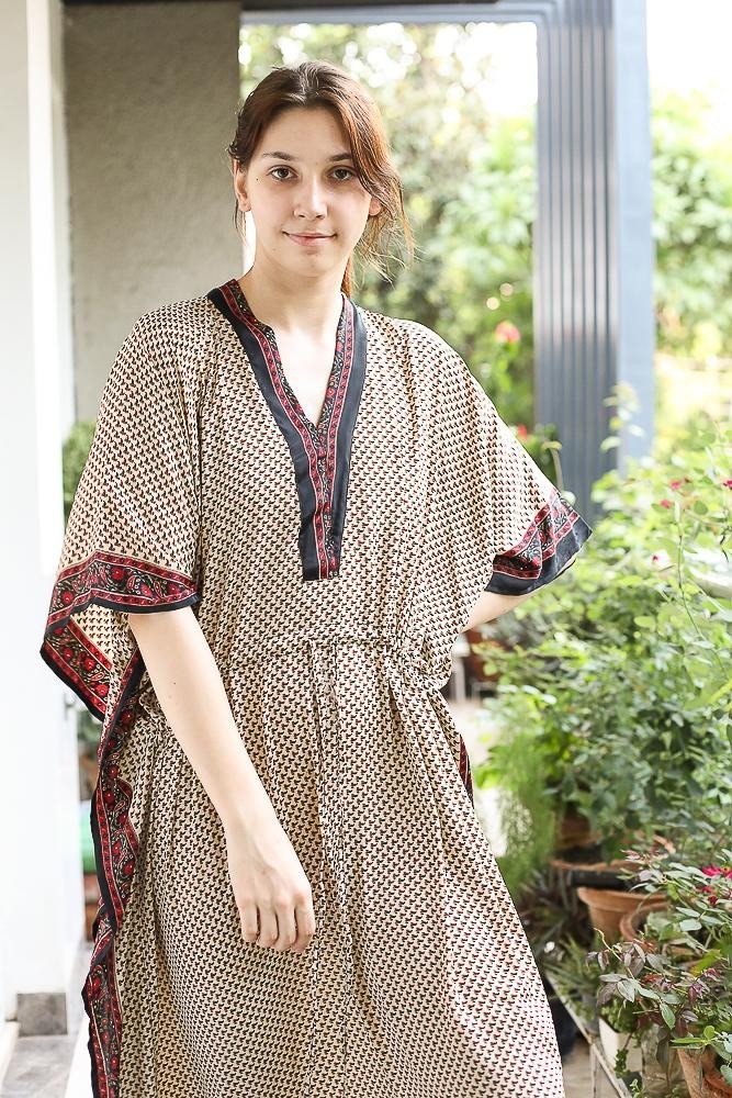 Silk Beige Kaftan / Handmade Flowy Maxi Dress / Resort Wear Outfit PS MFN1023