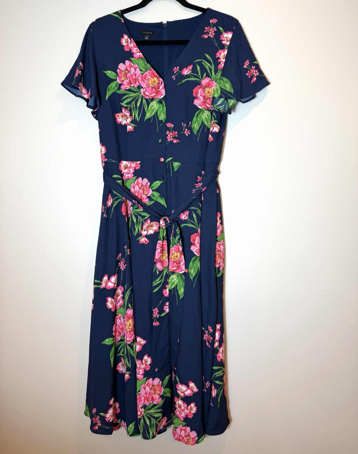 Talbots Floral V-Neck A-Line Midi Dress Belted Lined Blue Pink Green 10