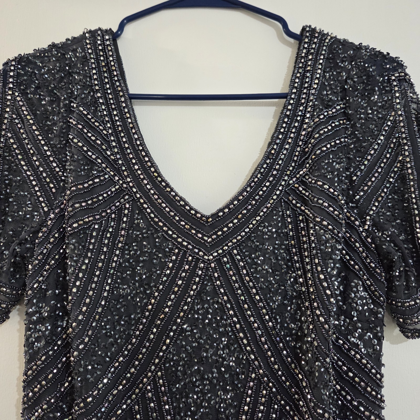 Pisarro Nights Size 8 Beaded Short Sleeve Midi Dress Slate Blue NWOT