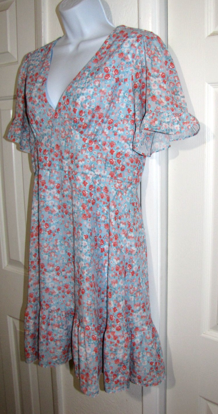 Peach Love Knee Dress Puff-Sleeve-ruffle-cuff/hem Blue/peach-Ditsy floral Jr M/L