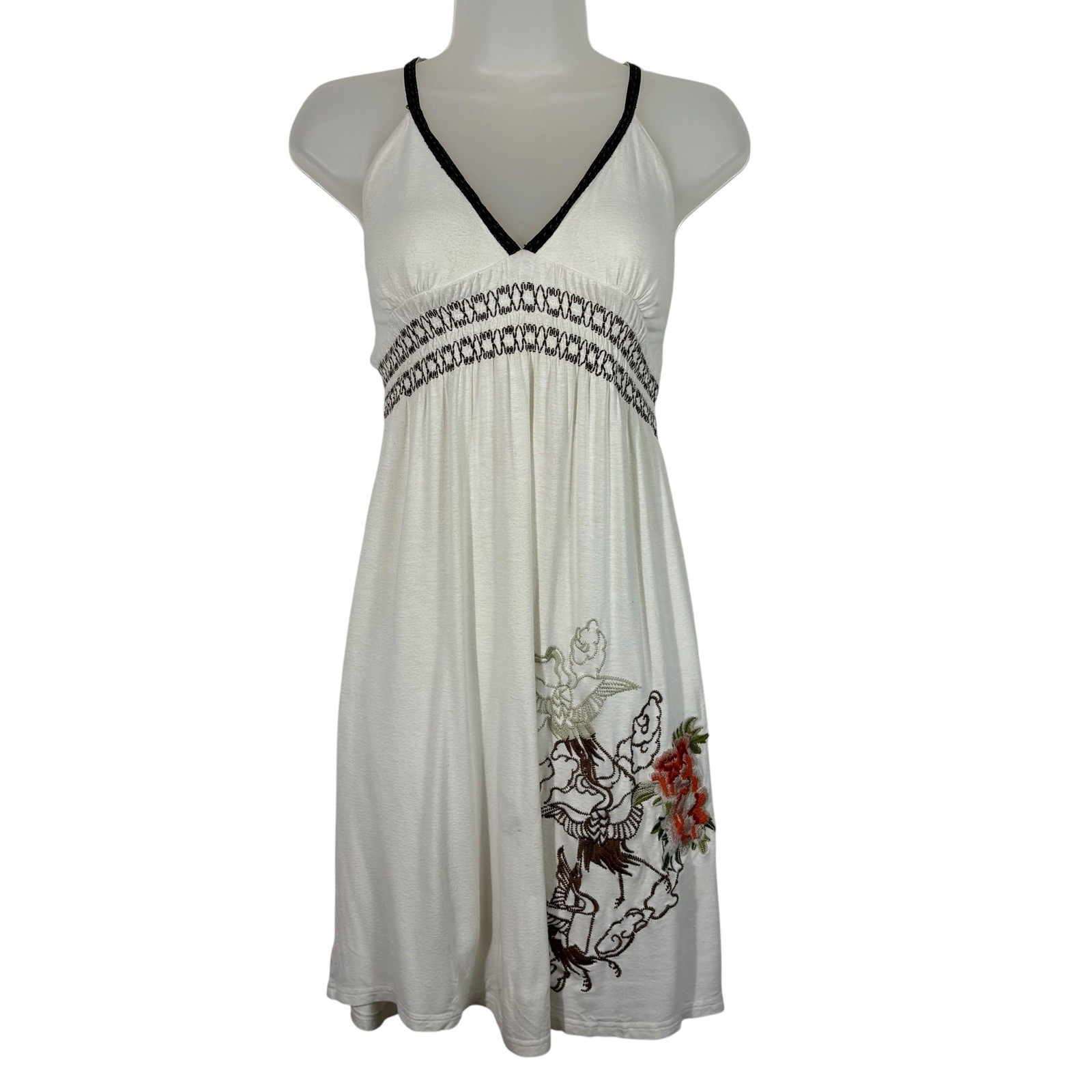 Vintage Havana Y2K White Embroidered Asian Crane Floral Babydoll Mini Dress L