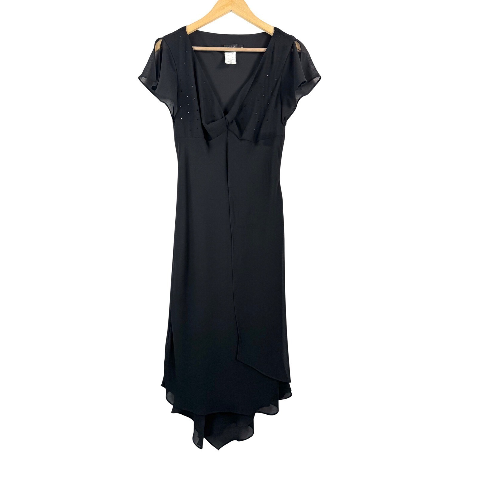 VTG CDC Black Beaded V Neck Flutter fit flare Midi Dress whimsigoth Size 8