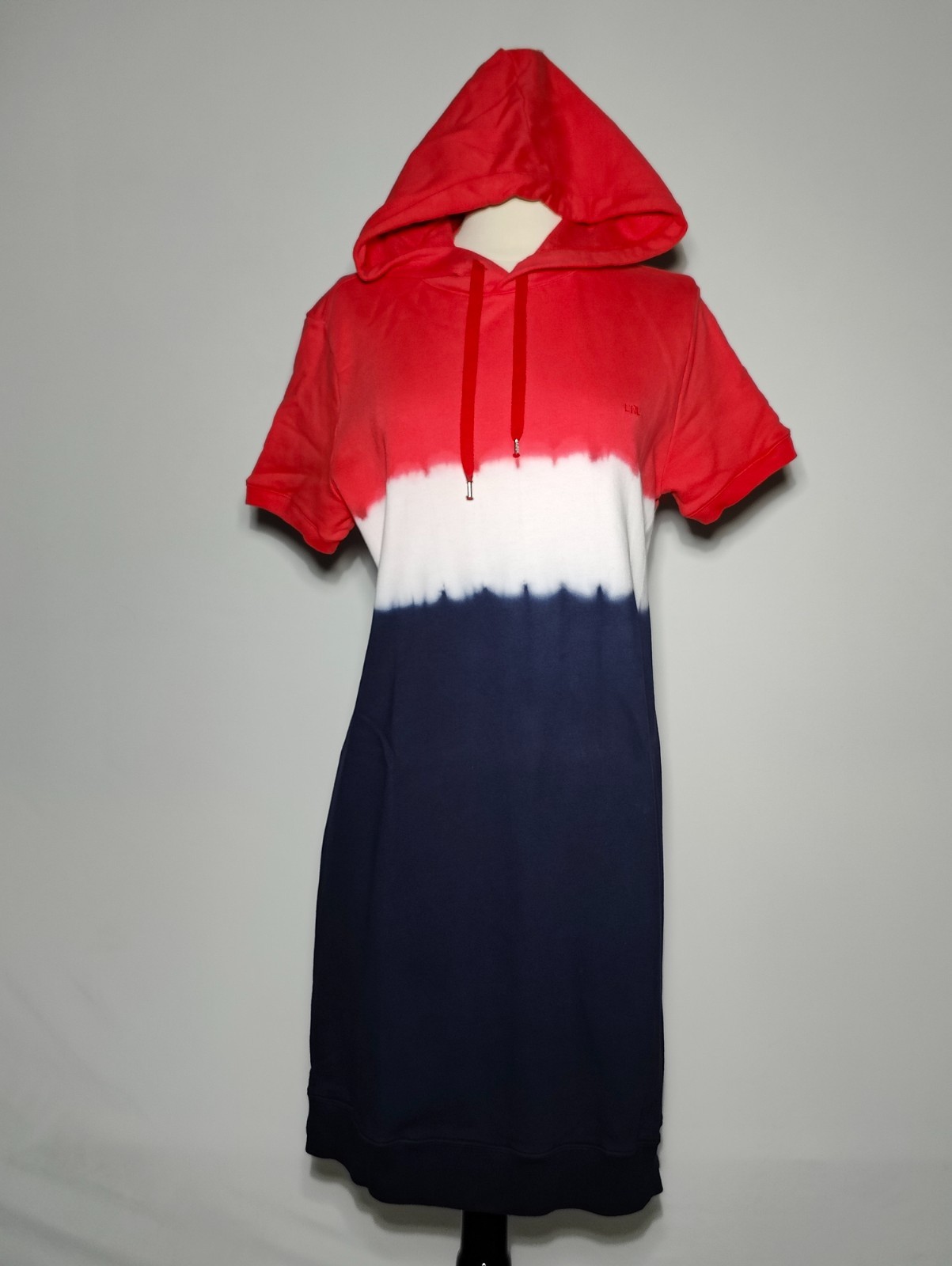 Lauren Ralph Lauren Size L Red White Navy Tie Dye Hooded Sweatshirt Dress LRL.