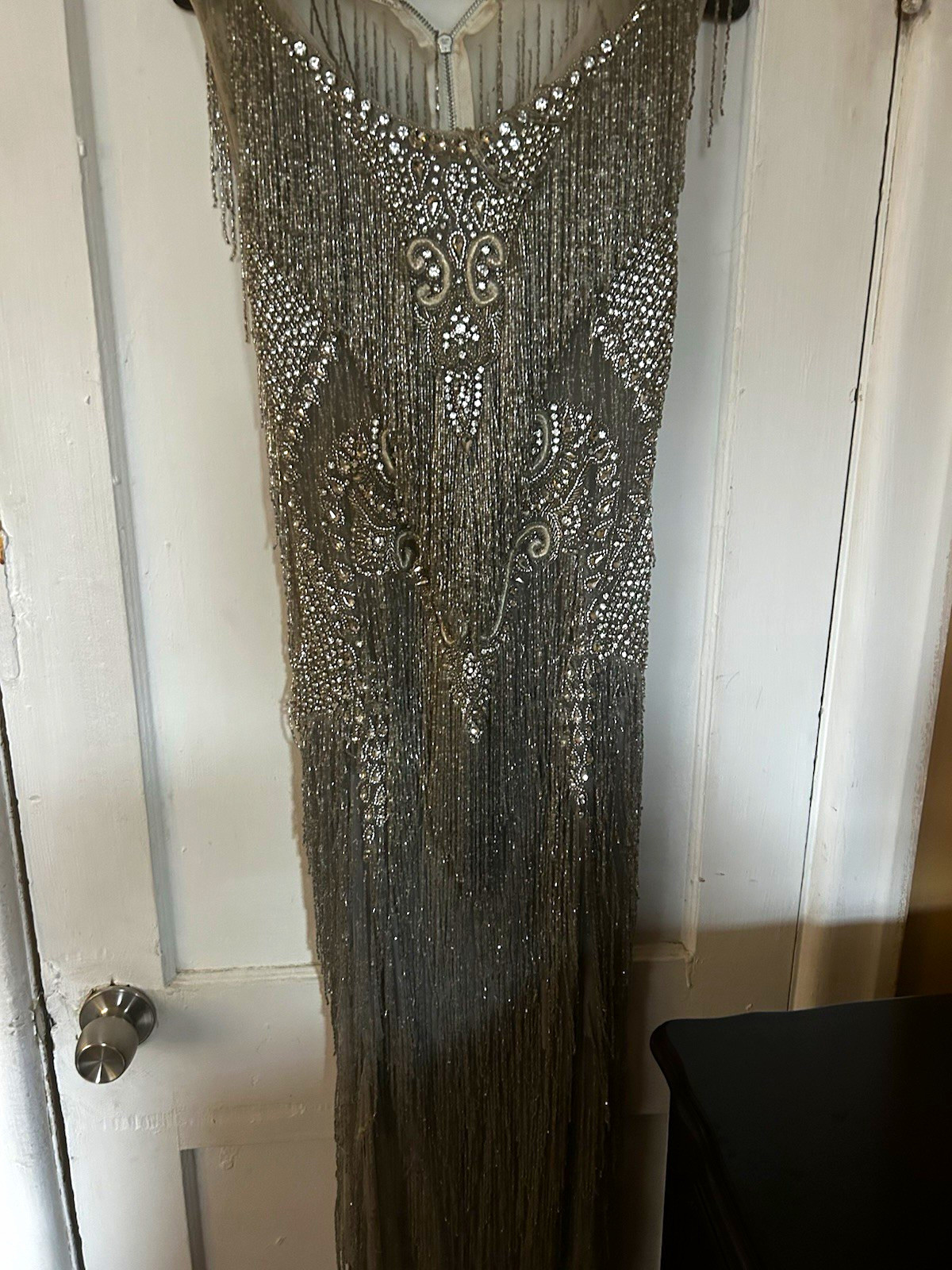 Women’s Silver Sheer Mesh Beaded Fringe Sequin V-Neck Sleeveless Long Dress SZ:6