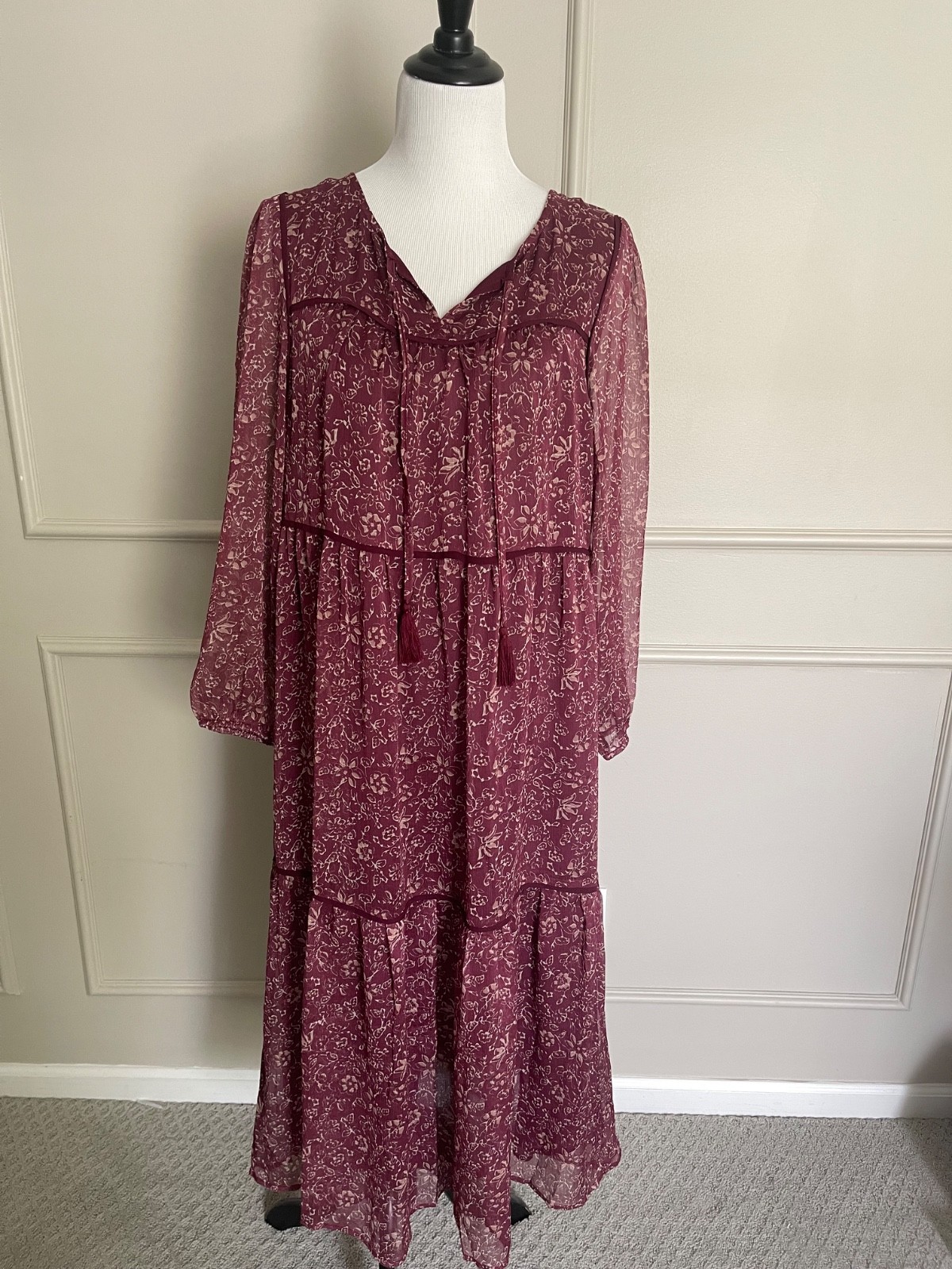 Indigo soul maxi tiered dress burgundy size large bohemian artsy whimsical flora