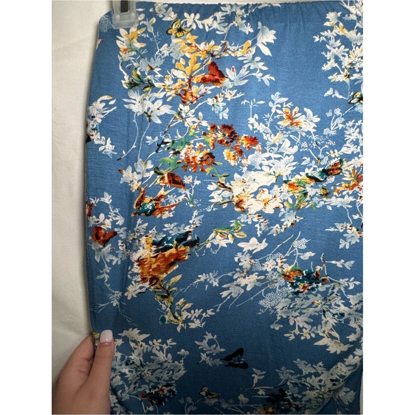 Blue Floral Butterfly Strapless Maxi Dress Ruched Sides with Side Slit-Size L