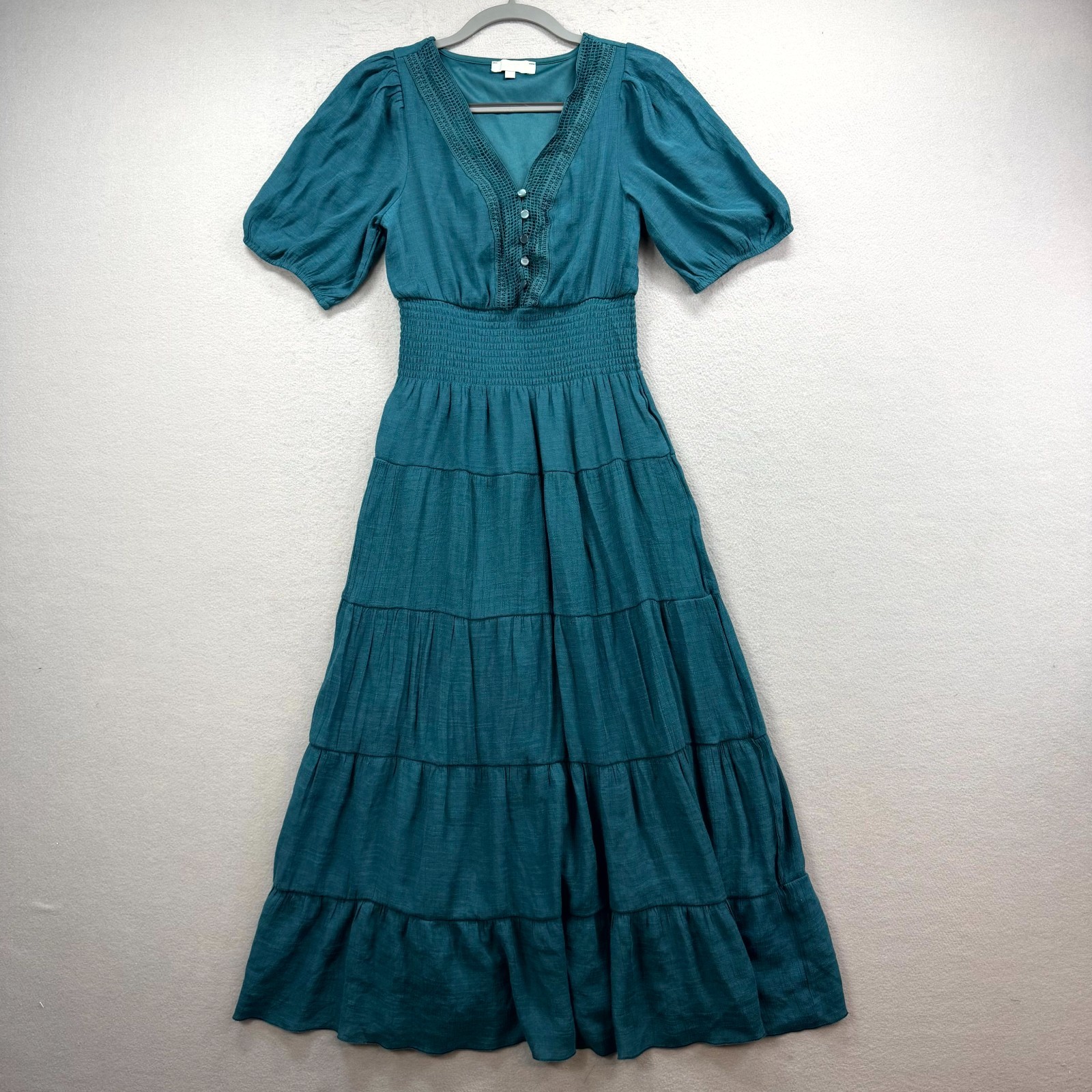 J Gee Tiered Maxi Dress Womens Small Teal Ruffle Shirred Bodice Lace Detail Neck