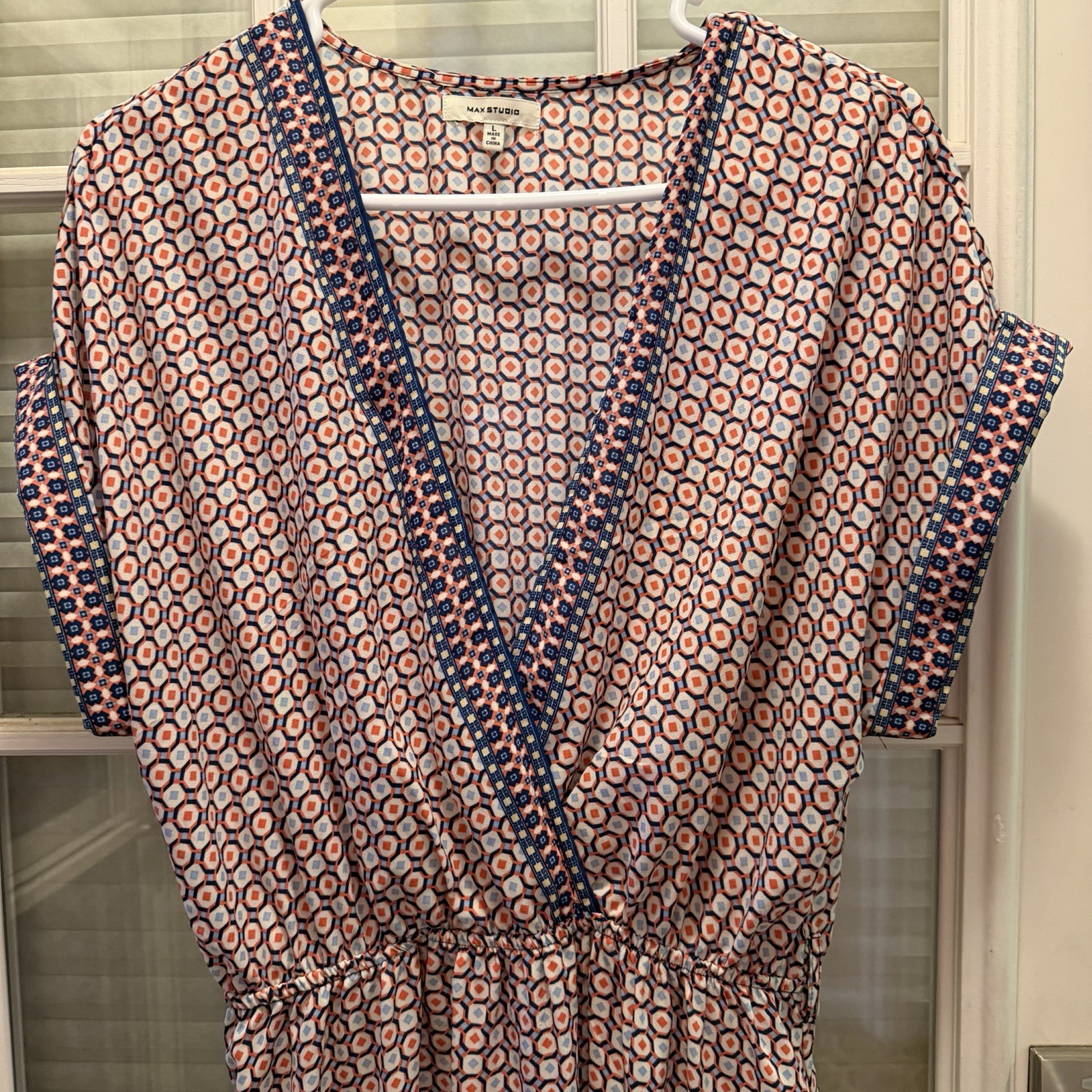 Max Studio L Blue Orange White Geometric V-Neck Short Sleeve Maxi Dress