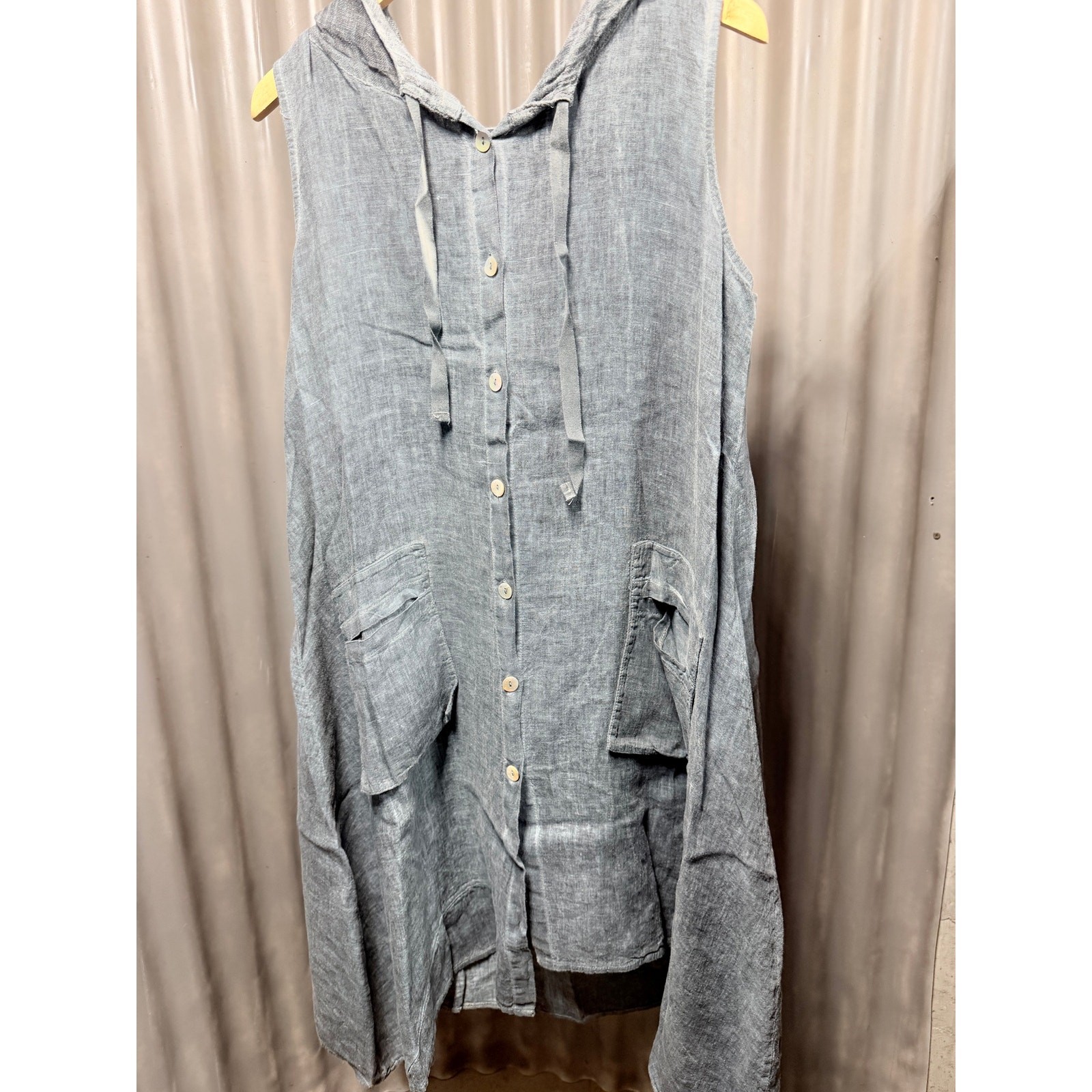 Inizio 100% Natural Linen Dress Medium M Blue Slate Hooded Button Front Maxi