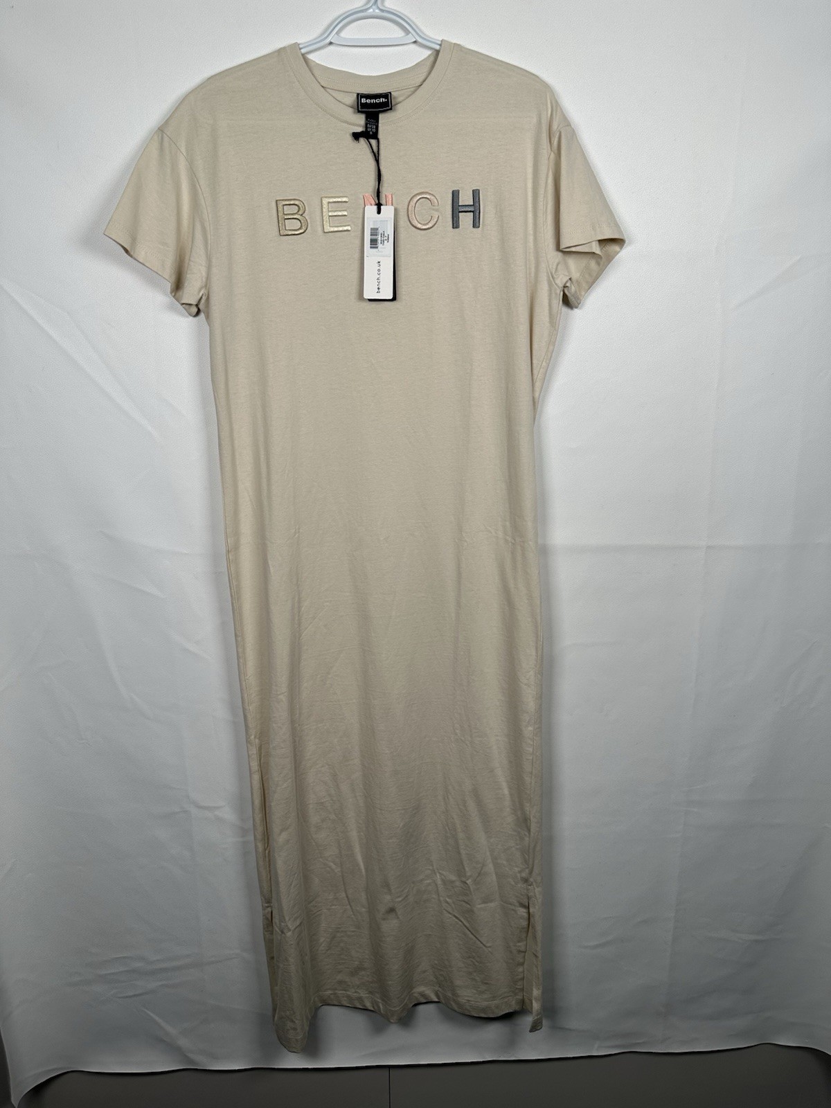 Bench Short Sleeve T-Shirt Maxi Dress Beige Logo Embroilered Multicolor S NWT