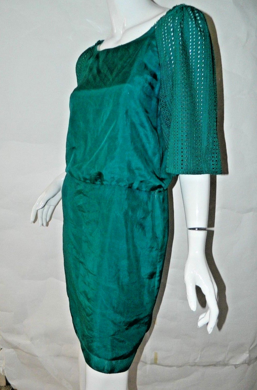 Phillip Lim 3.1 Dress Size 4 Green Silk Perforated Sleeves Scoop Neck Shift